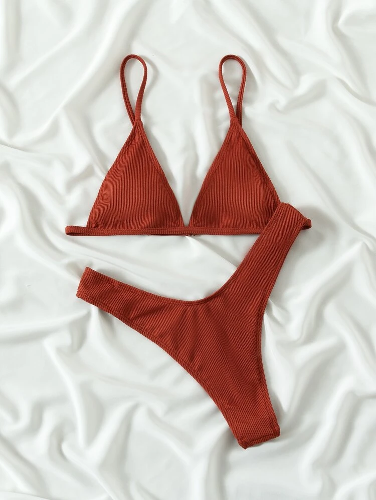 Rib Triangle High Cut Bikini Swimsuit
