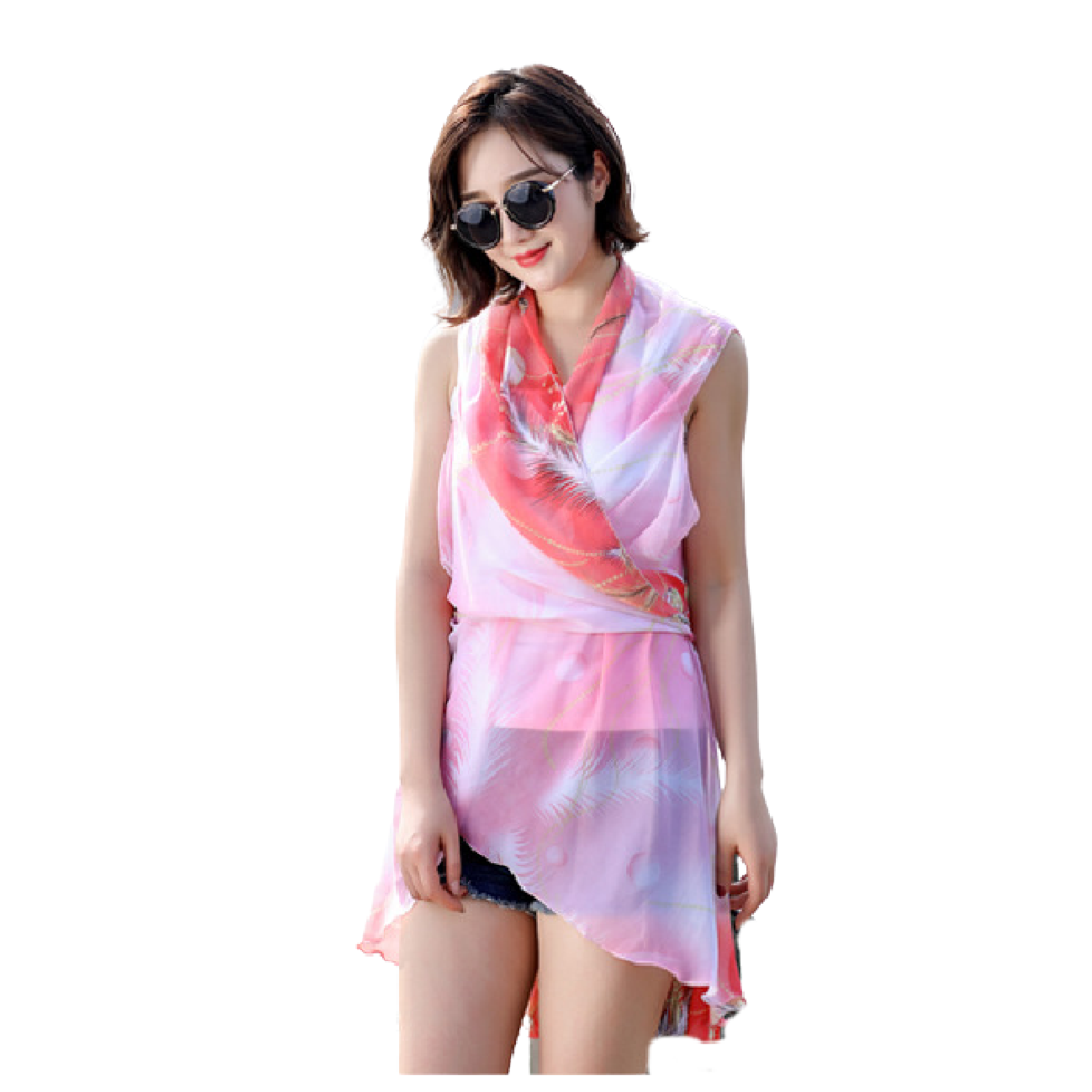 Versatile Sleeveless Chiffon Shirt - Shawl - Scarf - Red Pink White